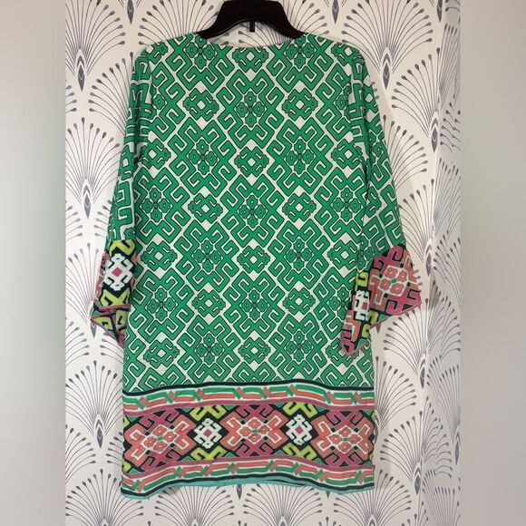 Crown & Ivy Green Pink Geometric Dress boho sleeve Womens size 10 PTP-20 L-38 - Picture 6 of 7